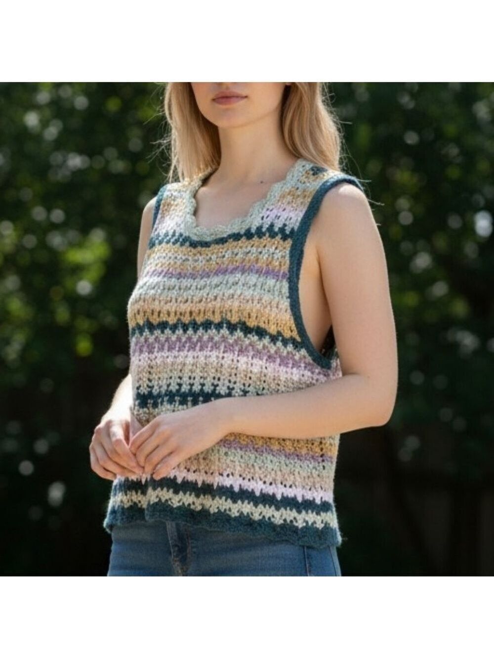 Universal Thread Crochet Tank Top Large Striped #TK1 - Picture 2 of 7